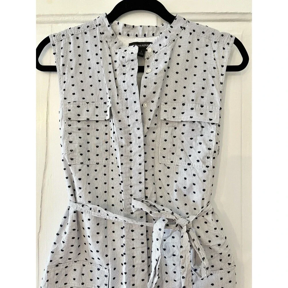 Banana Republic Midi Shirt Dress Workwear Polka Dot Pockets Tie Waist Sz Large - Picture 3 of 10